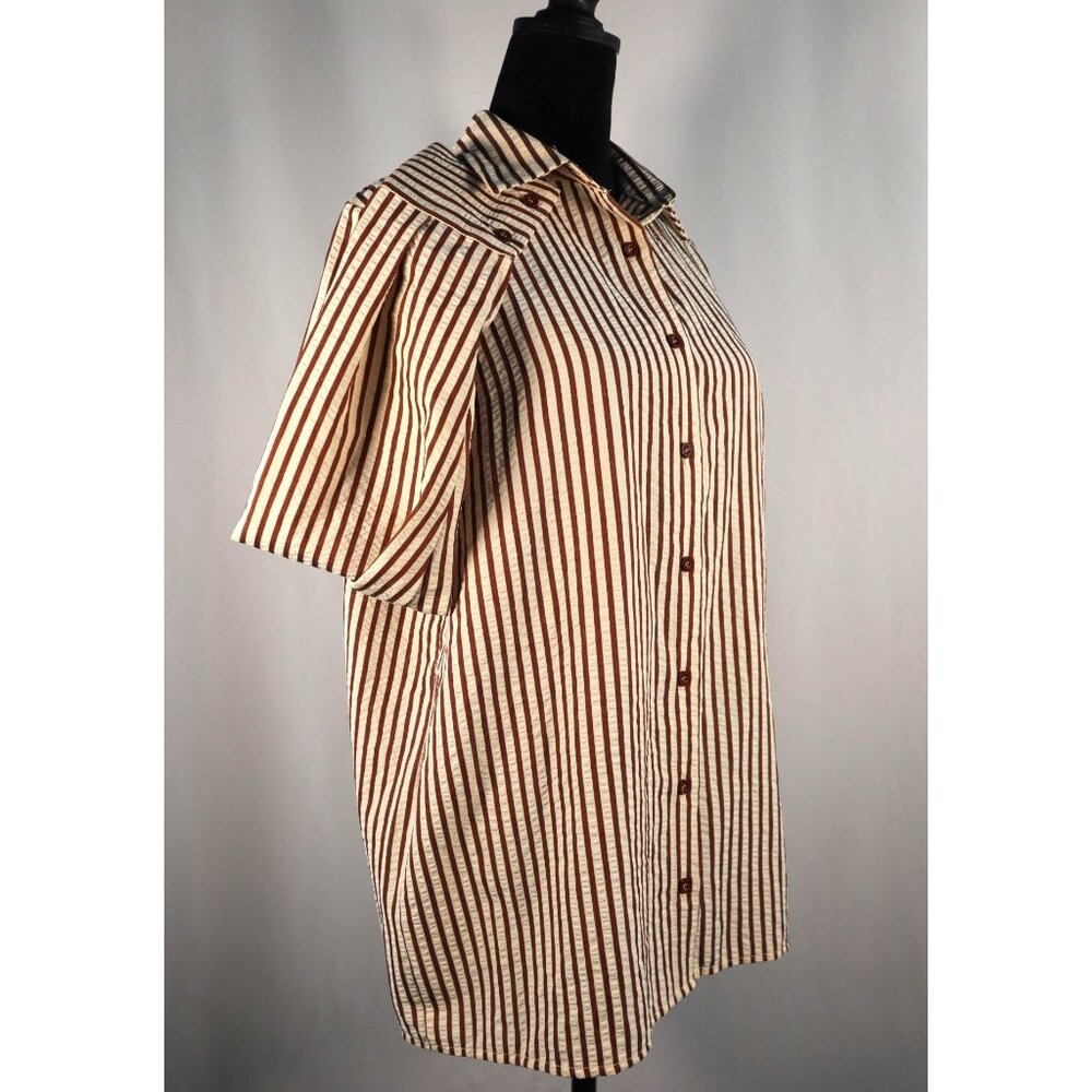 Boohoo women's Striped beach shirt chocolate Button-Up Long Sleeve Size 4 petit - Picture 6 of 16